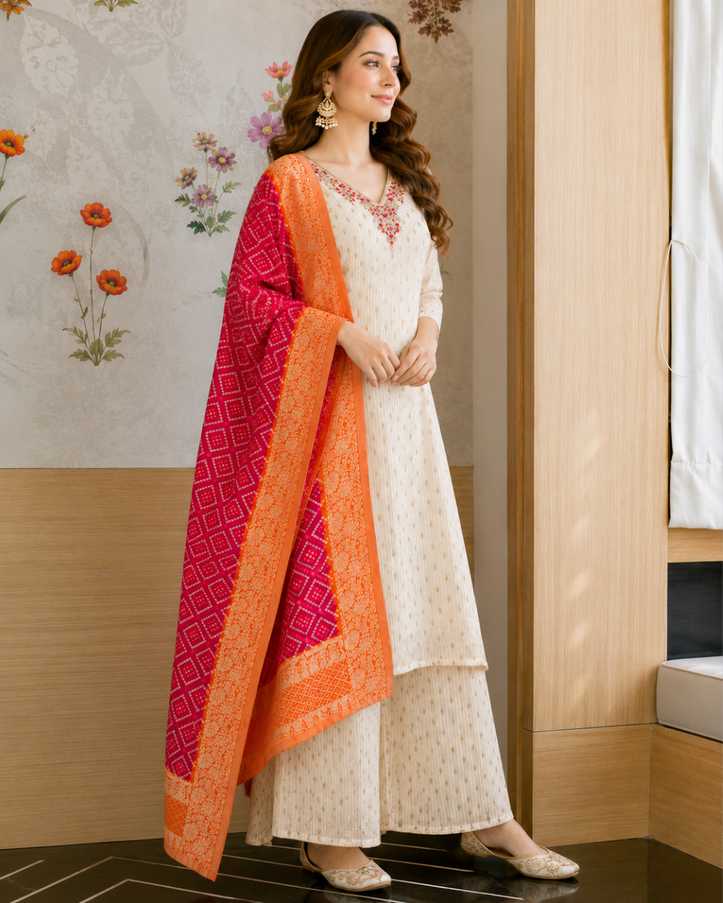 Ivory Chiffon Suit with Pink Bandhani Dupatta