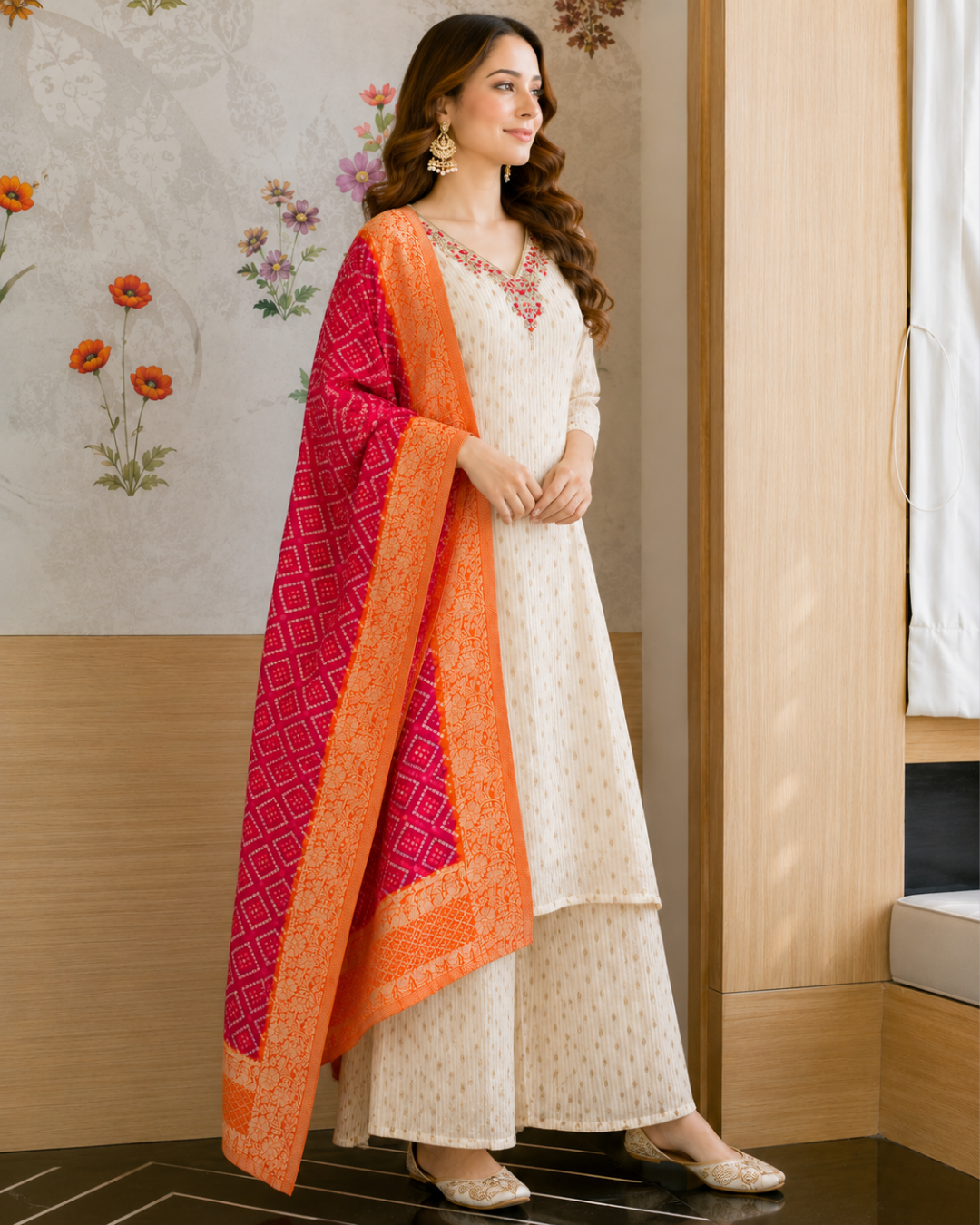 Ivory Chiffon Suit with Pink Bandhani Dupatta