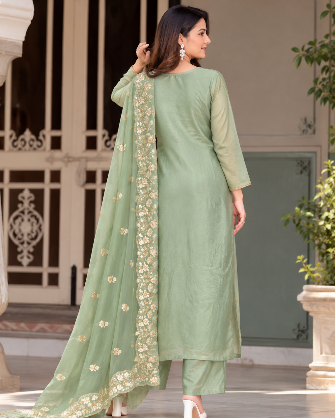 Sage Green Resham Floral Embroidered Sharara Set