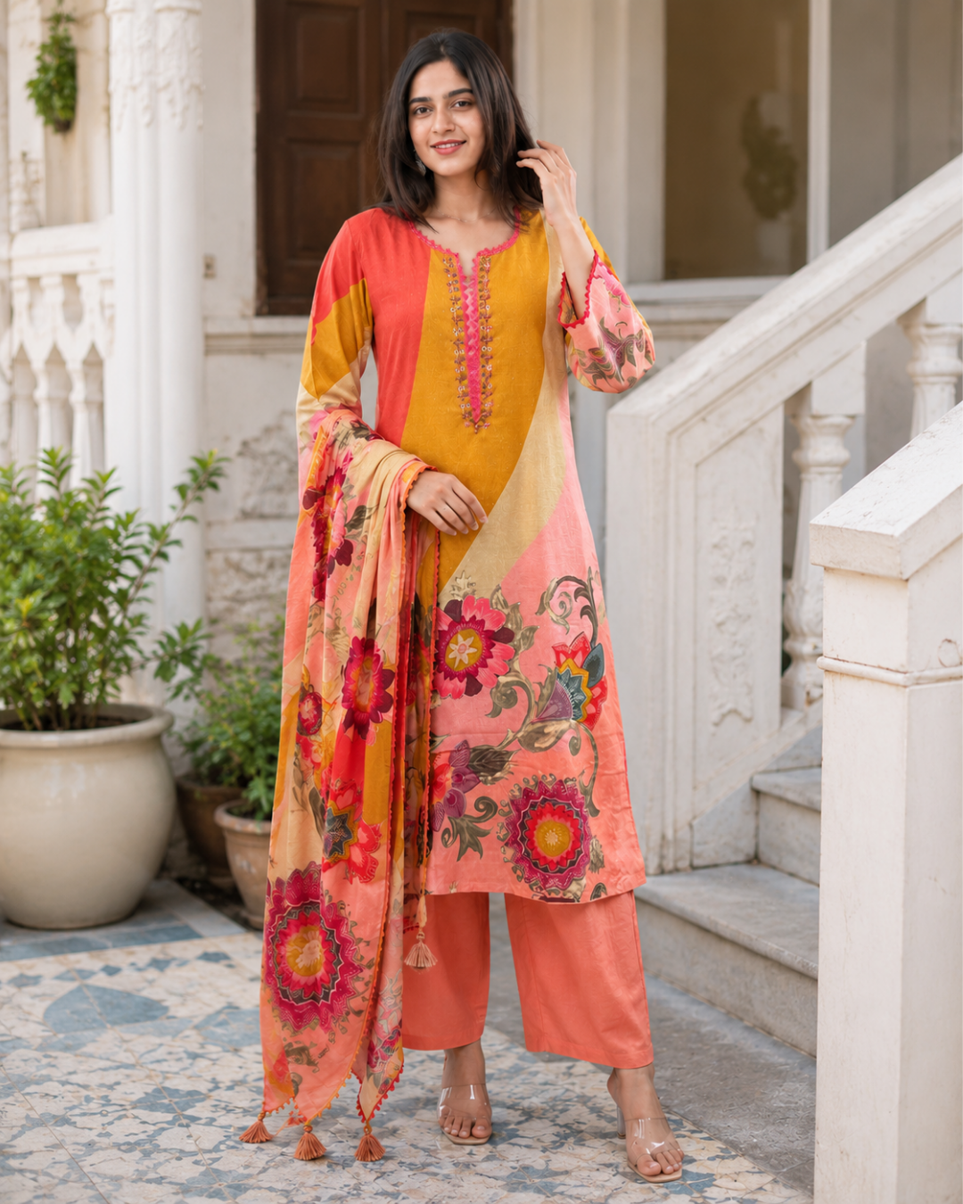 Mustard & Coral Floral Color-Block Palazzo Suit Set