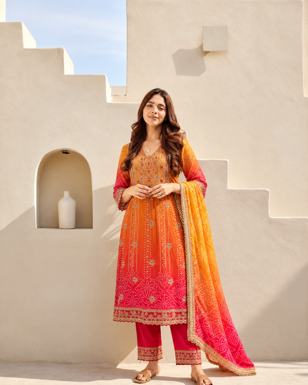 Sunrise Ombre Bandhani Print Dress Set