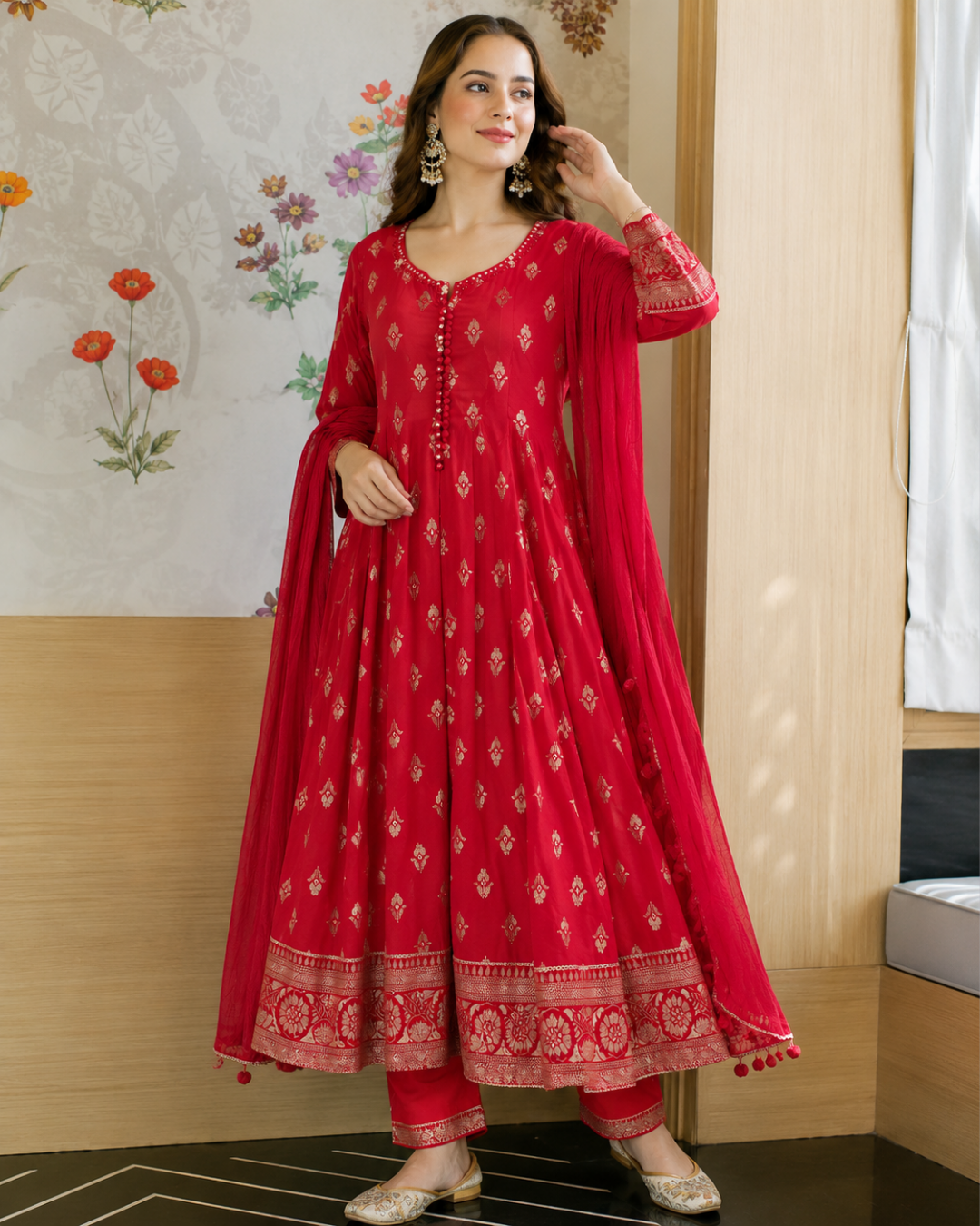 Crimson Red Pom Pom Chiffon Anarkali Set