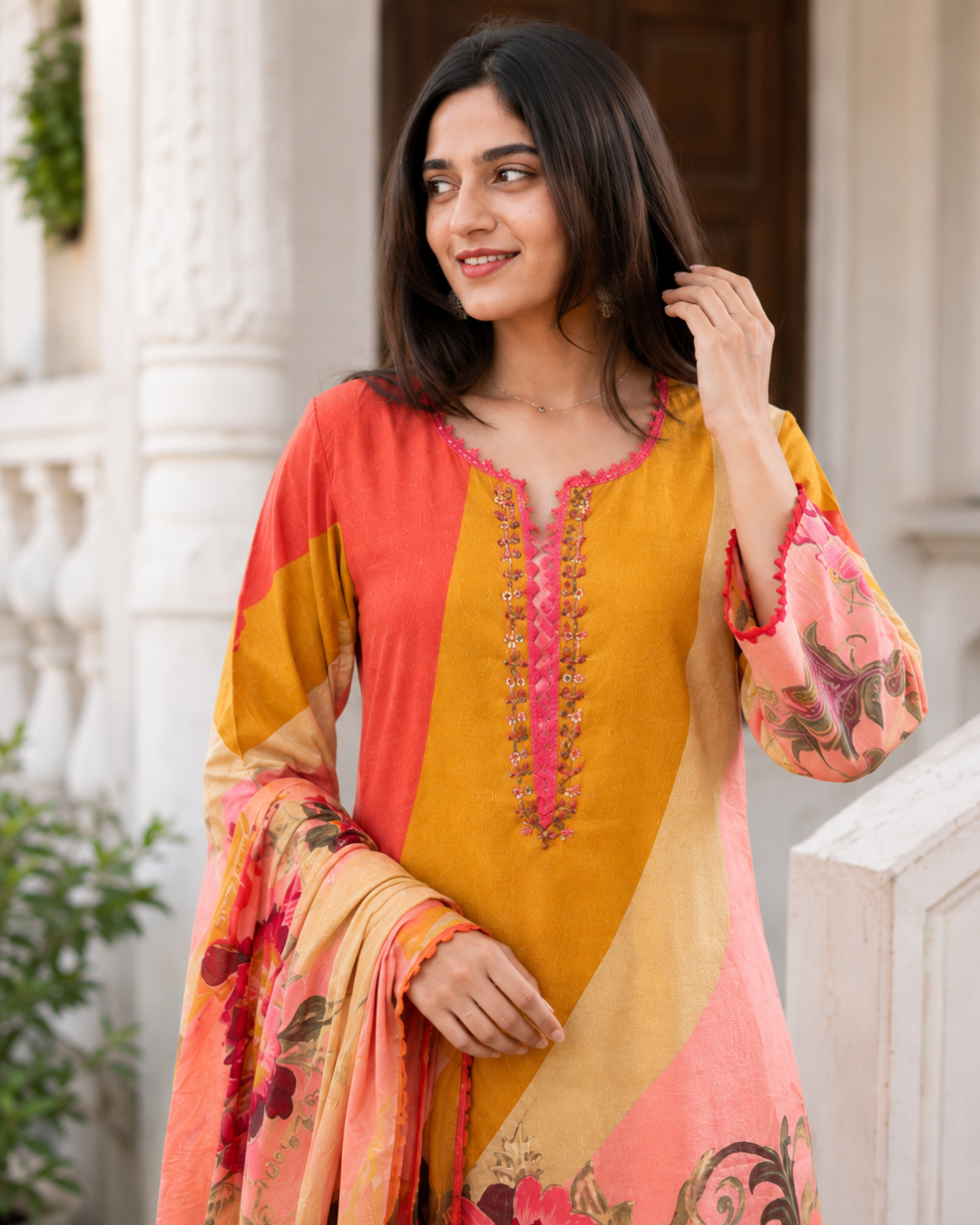 Mustard & Coral Floral Color-Block Palazzo Suit Set