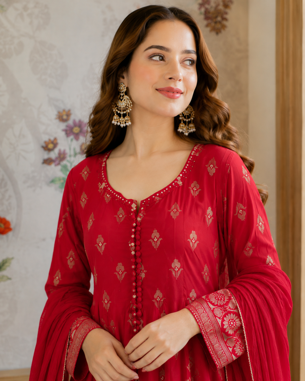 Crimson Red Pom Pom Chiffon Anarkali Set