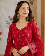 Crimson Red Pom Pom Chiffon Anarkali Set