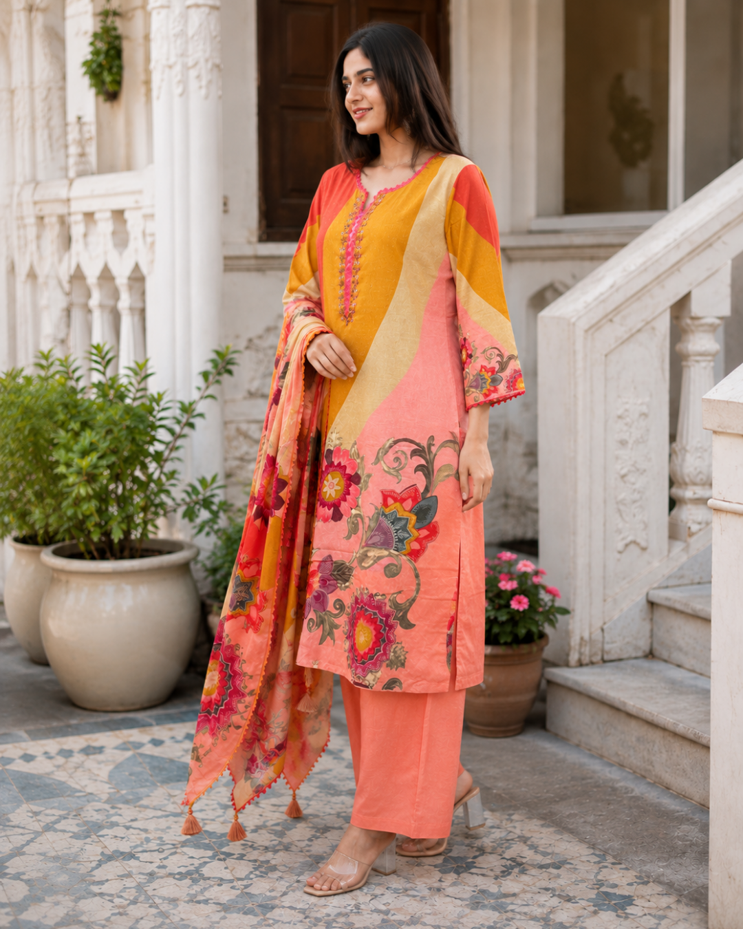 Mustard & Coral Floral Color-Block Palazzo Suit Set