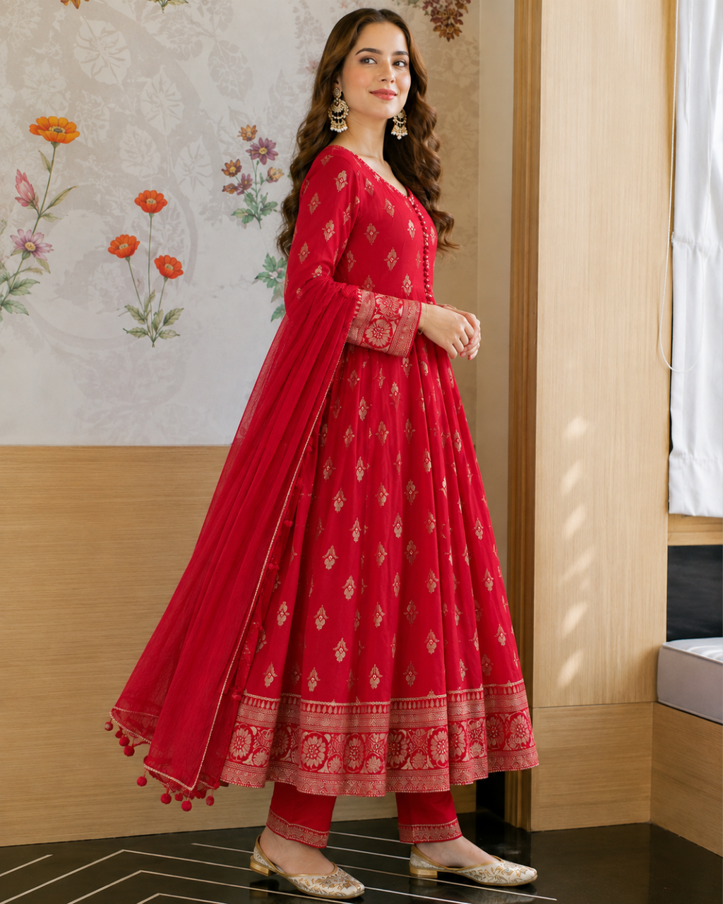 Crimson Red Pom Pom Chiffon Anarkali Set