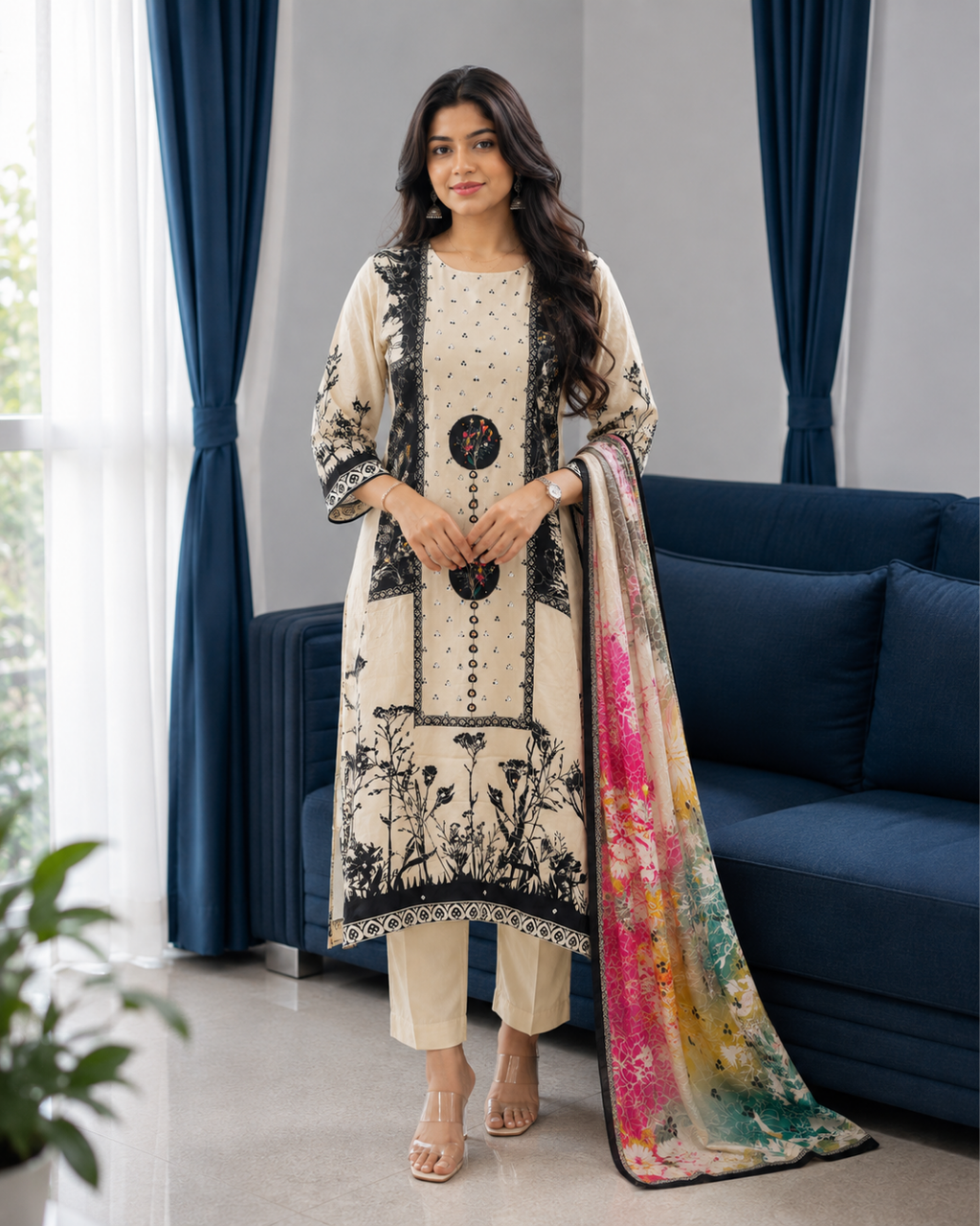 Ivory Beige Monochrome Floral Pure Crepe Suit Set