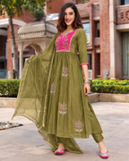 Olive Green & Rani Pink Contrast Anarkali Set