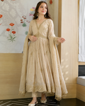 Beige Gold Zari Embroidered Organza Anarkali