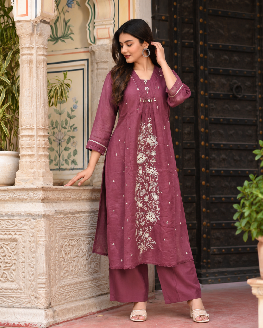 Plum Vine Embroidered Sharara Set