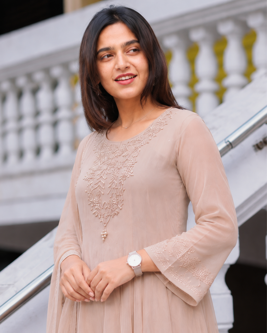 Dusty Nude Chinon Anarkali Palazzo Set