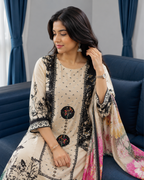 Ivory Beige Monochrome Floral Pure Crepe Suit Set