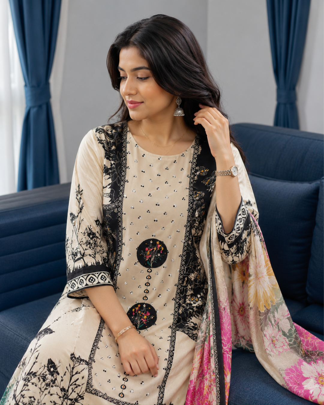 Ivory Beige Monochrome Floral Pure Crepe Suit Set