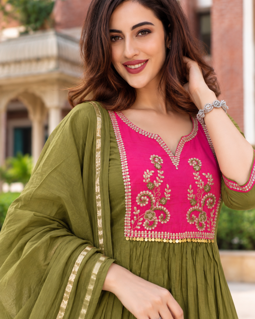 Olive Green & Rani Pink Contrast Anarkali Set