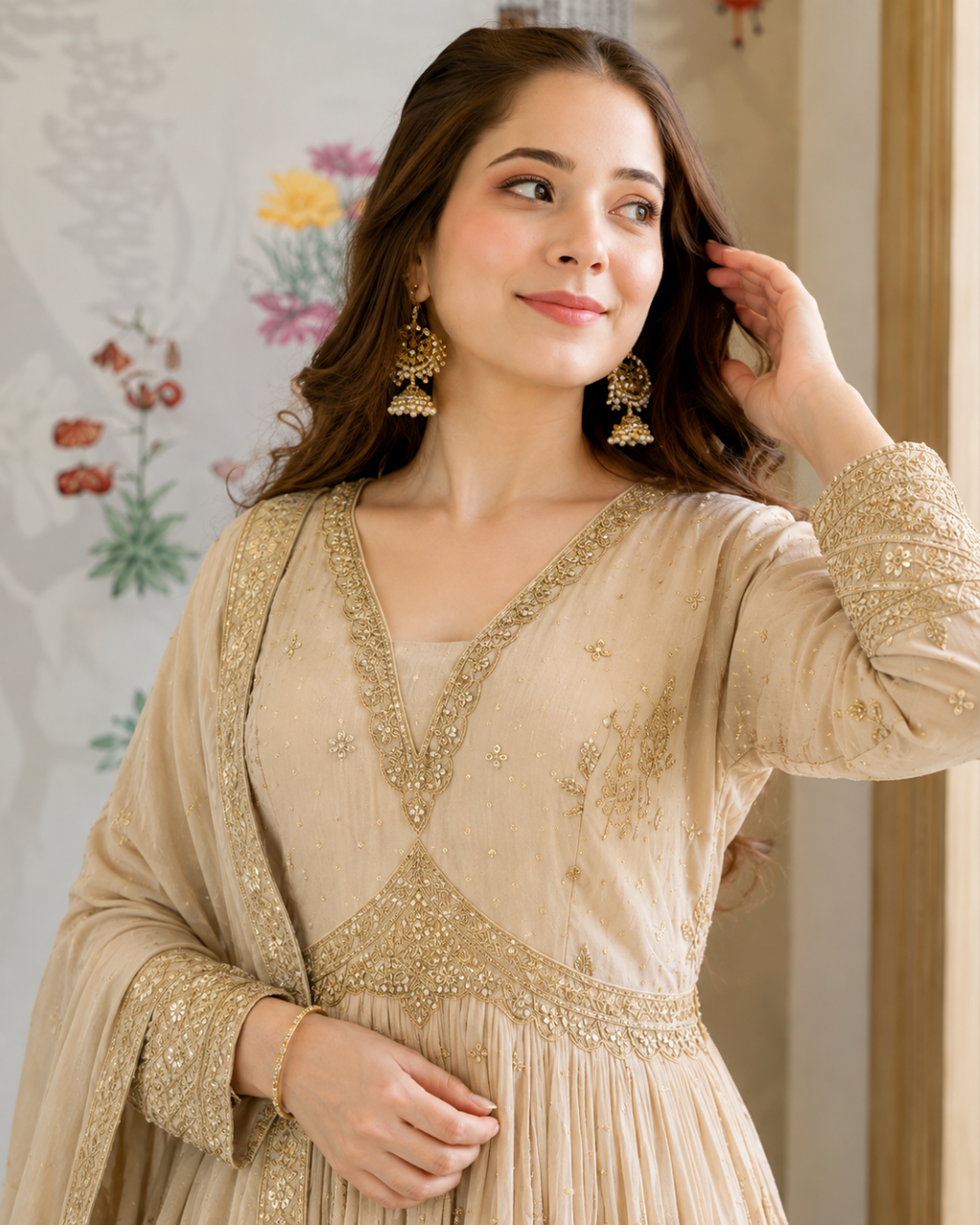 Beige Gold Zari Embroidered Organza Anarkali