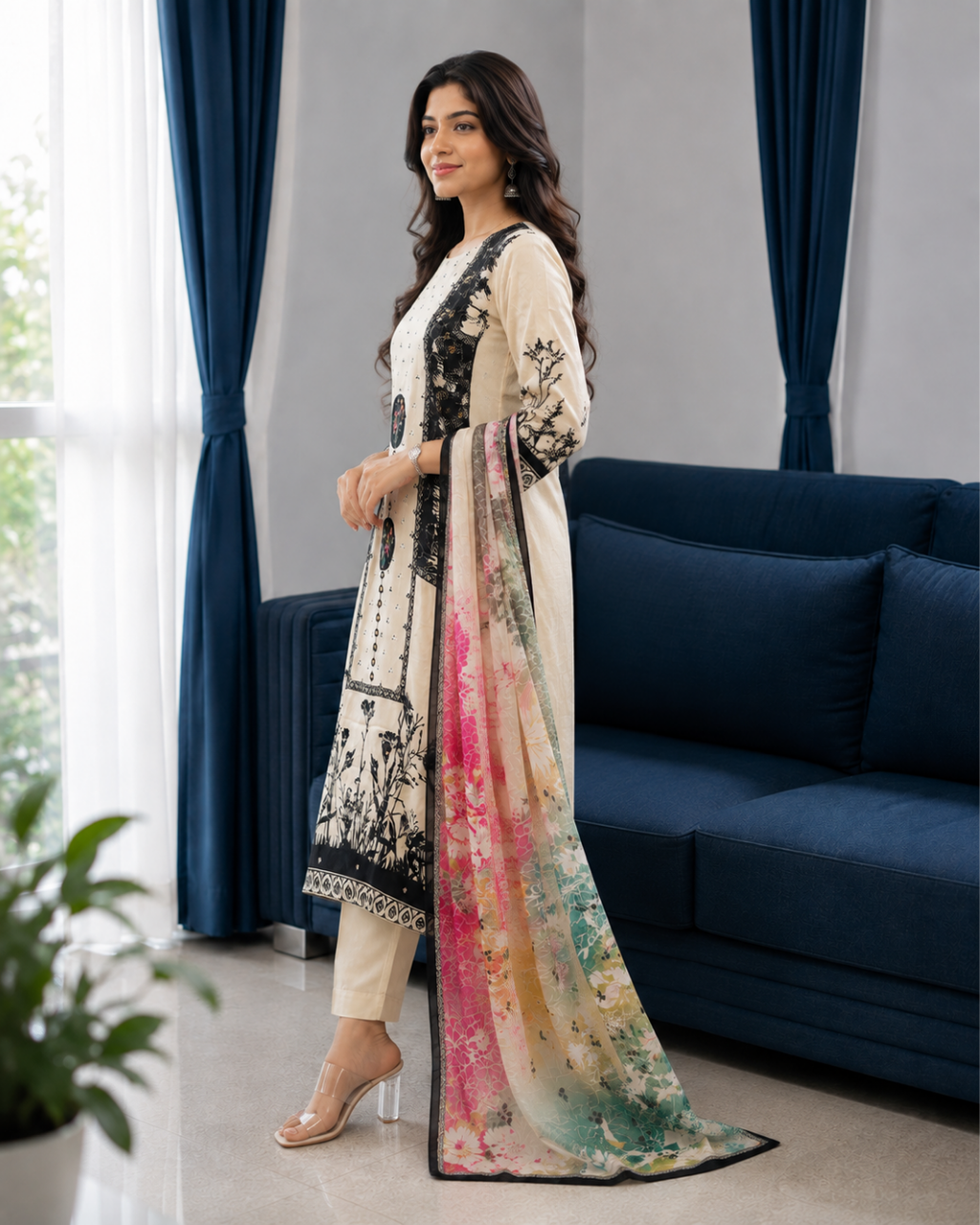 Ivory Beige Monochrome Floral Pure Crepe Suit Set