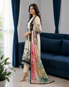 Ivory Beige Monochrome Floral Pure Crepe Suit Set