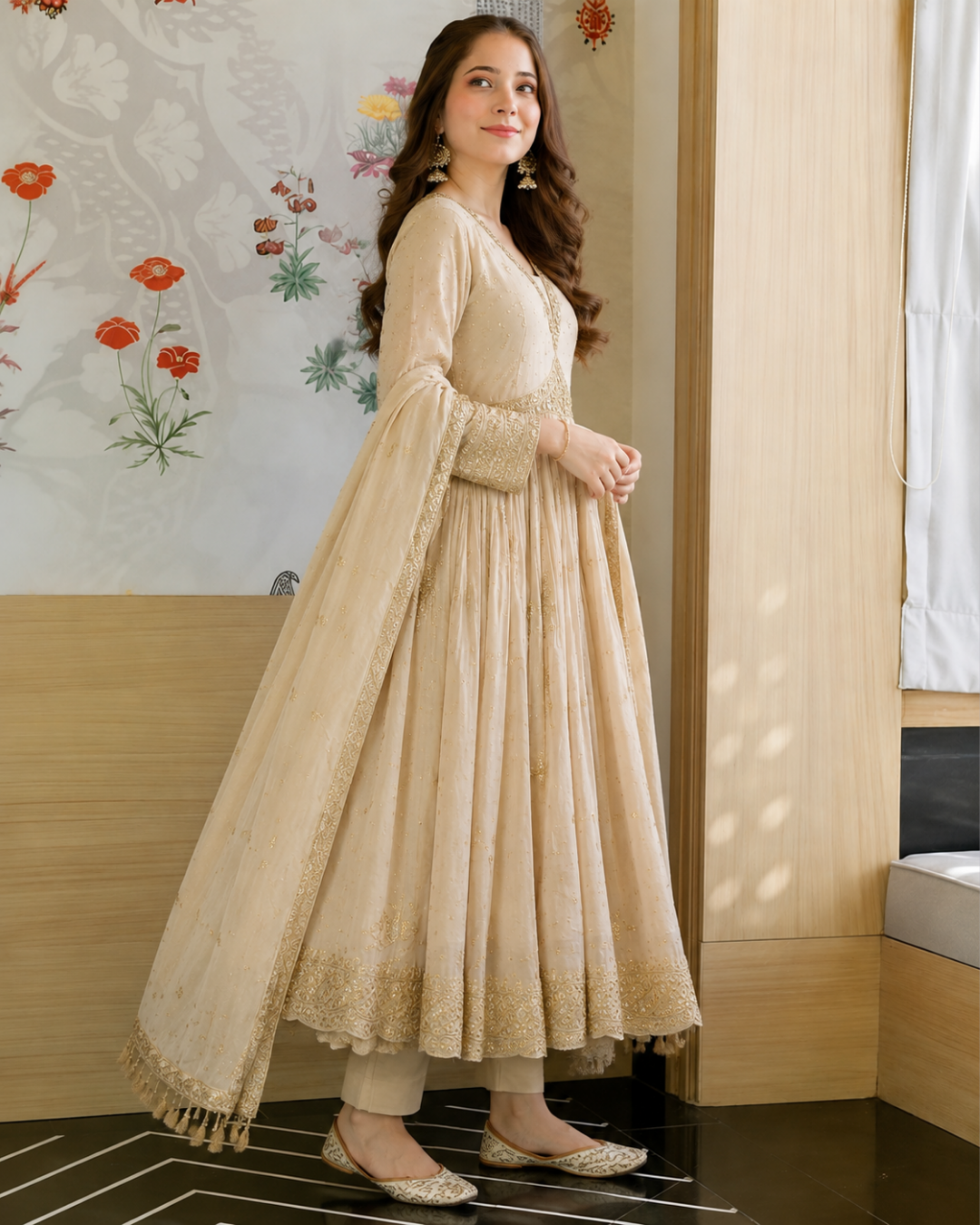 Beige Gold Zari Embroidered Organza Anarkali