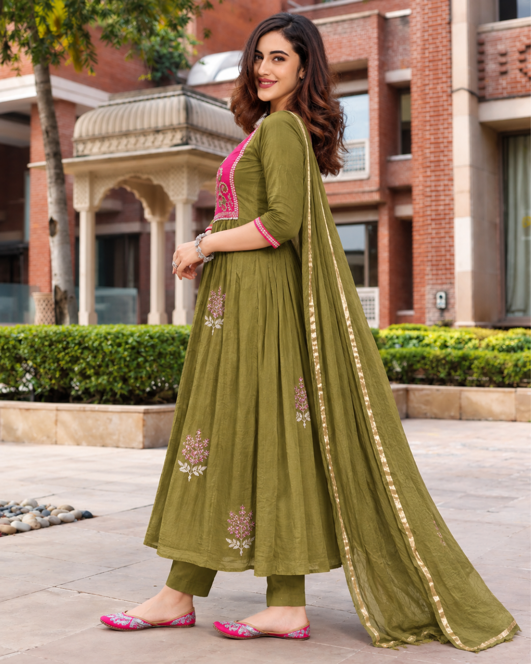 Olive Green & Rani Pink Contrast Anarkali Set