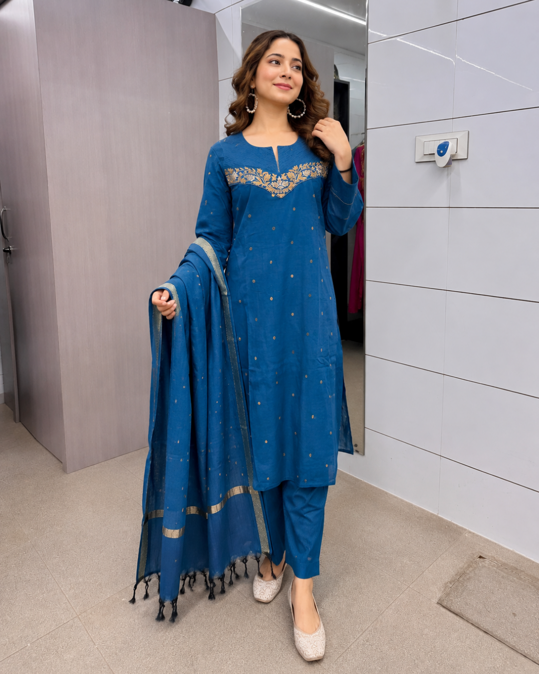 Peacock Blue Zari Embroidered Chanderi Cotton Suit Set