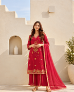 Ruby Red Gold Medallion Embroidered Sharara Set