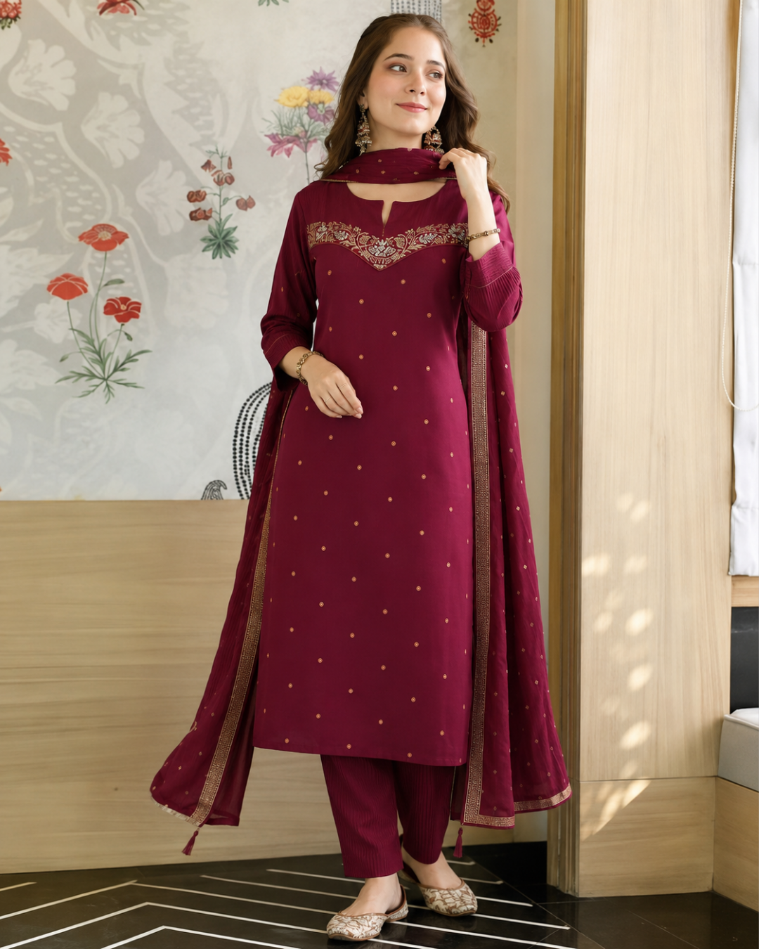 Wine Maroon Embroidered South Cotton Suit