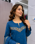 Peacock Blue Zari Embroidered Chanderi Cotton Suit Set