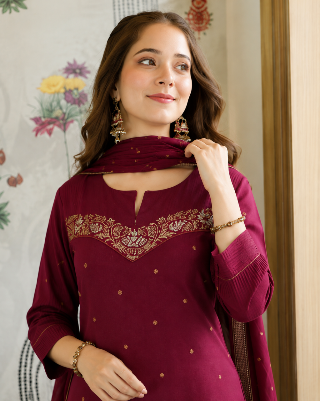Wine Maroon Embroidered South Cotton Suit