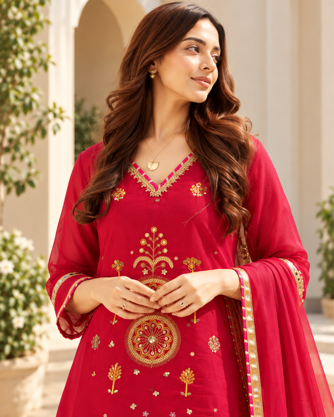 Ruby Red Gold Medallion Embroidered Sharara Set