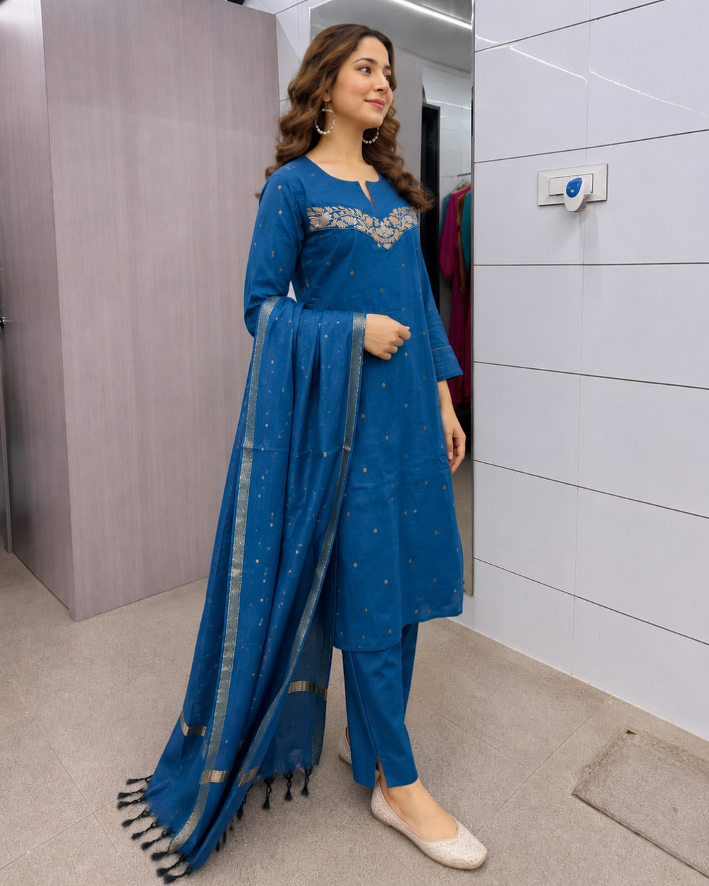 Peacock Blue Zari Embroidered Chanderi Cotton Suit Set