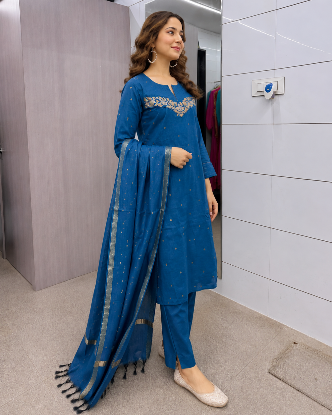 Peacock Blue Zari Embroidered Chanderi Cotton Suit Set