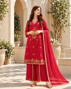 Ruby Red Gold Medallion Embroidered Sharara Set