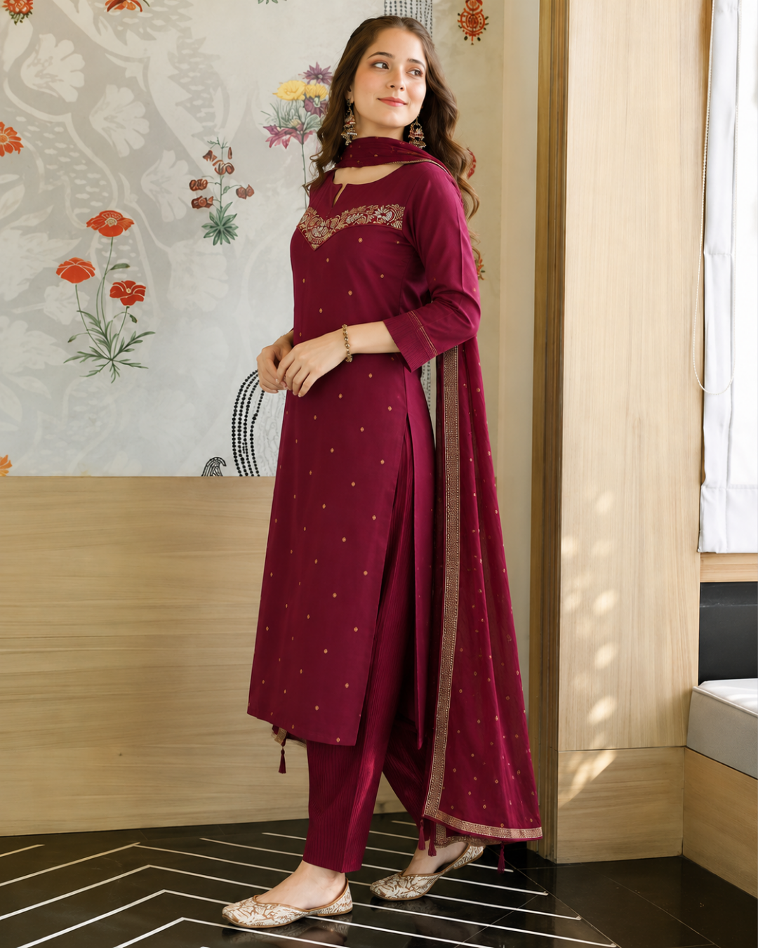 Wine Maroon Embroidered South Cotton Suit