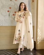 Cream Ivory Hand-Embroidered A-Line Silk Suit Set