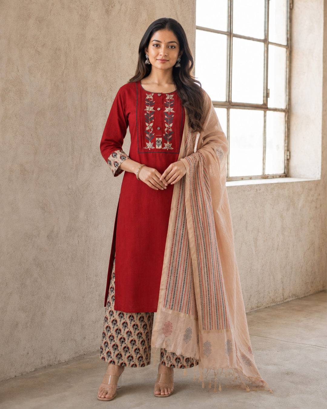 Ruby Red Handloom South Cotton Palazzo Set