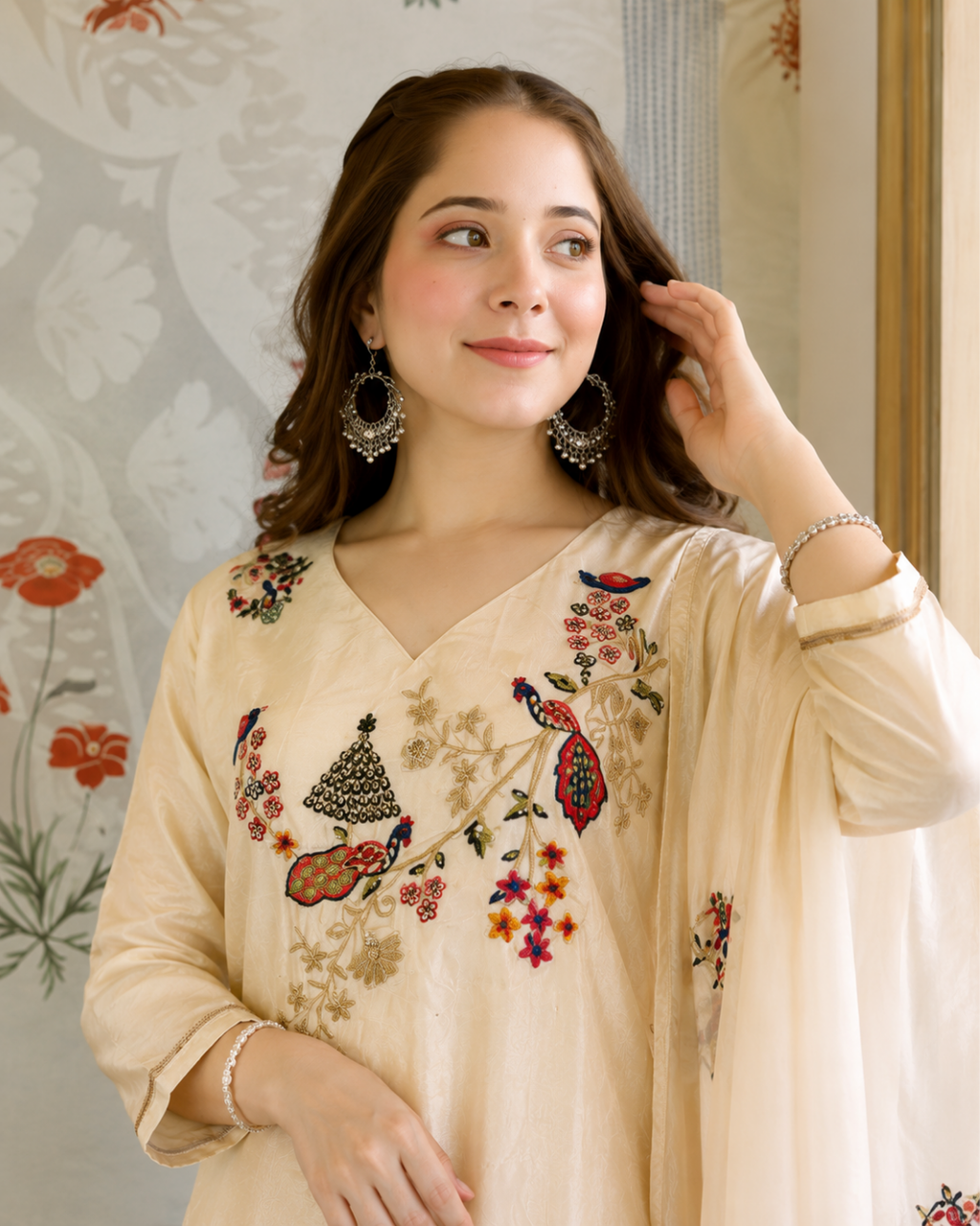 Cream Ivory Hand-Embroidered A-Line Silk Suit Set