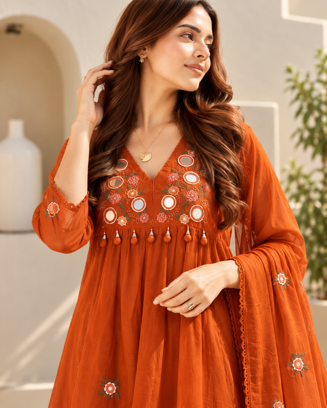 Rust Terracotta Mirror & Tassel A-Line Dress Set
