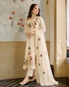 Cream Ivory Hand-Embroidered A-Line Silk Suit Set