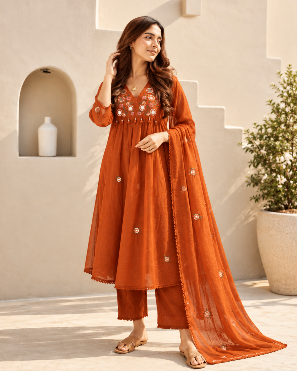 Rust Terracotta Mirror & Tassel A-Line Dress Set