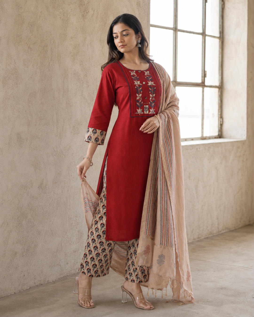 Ruby Red Handloom South Cotton Palazzo Set