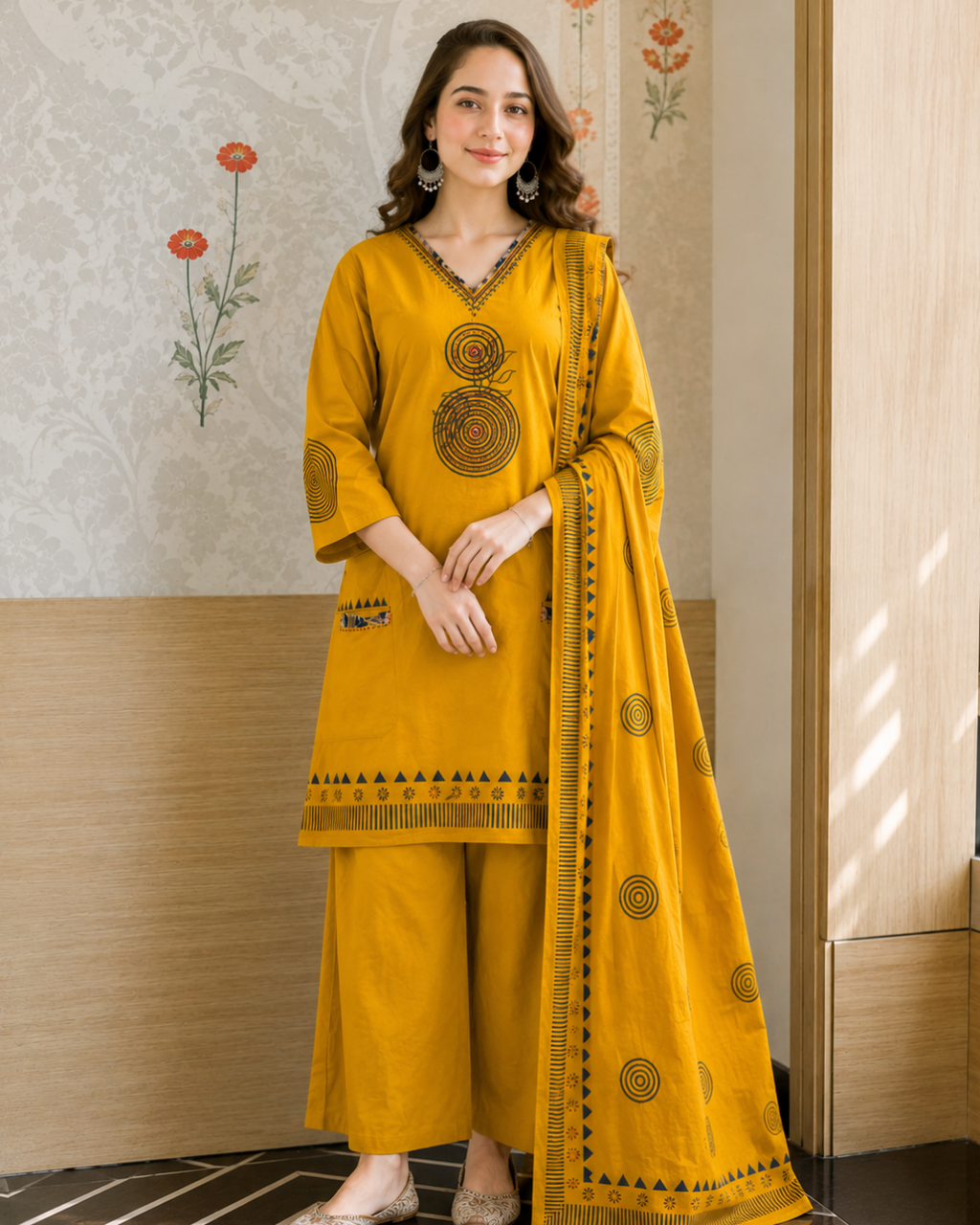 Mustard Ochre Mandala Block Print Palazzo Suit Set
