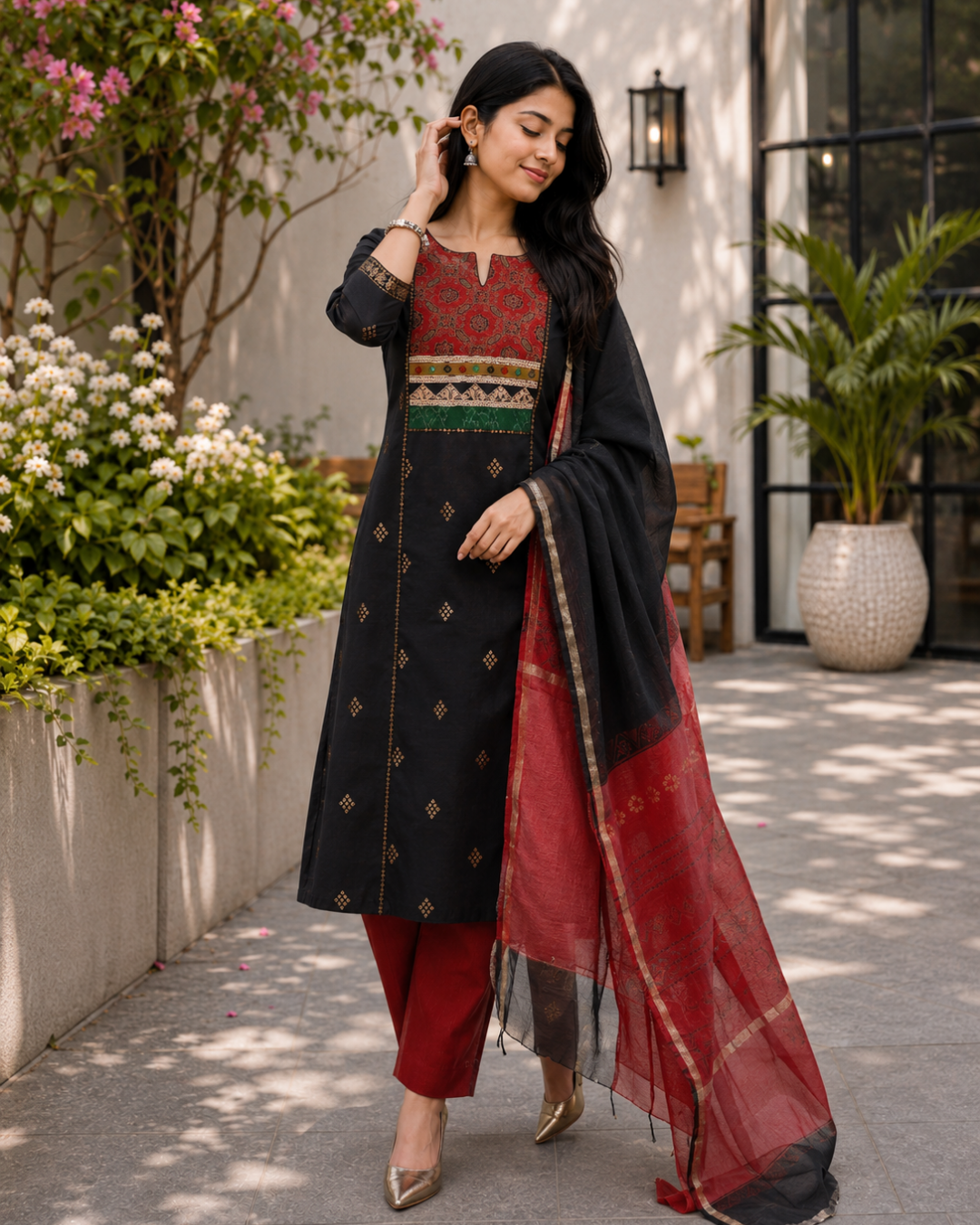 Black & Ajrakh South Cotton Kurta Set