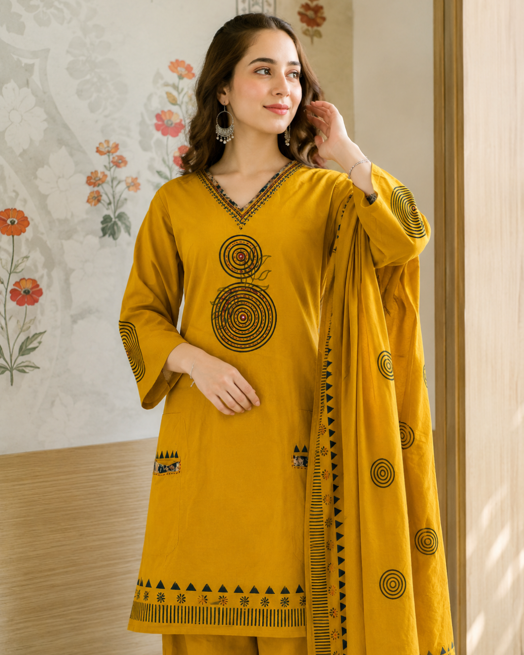 Mustard Ochre Mandala Block Print Palazzo Suit Set