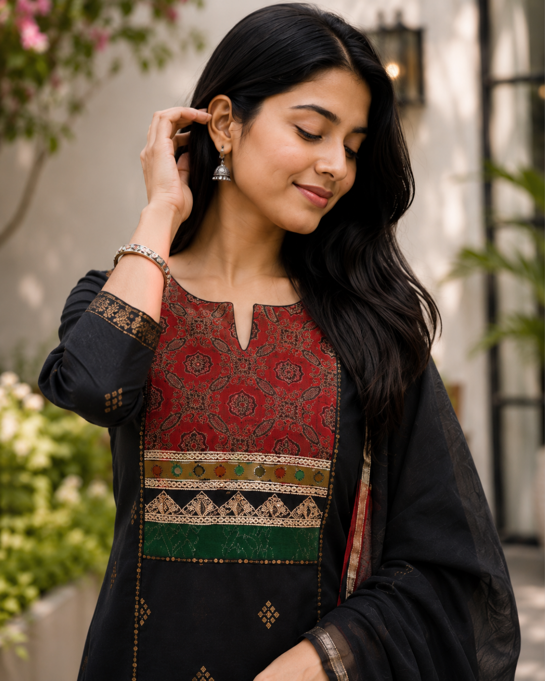 Black & Ajrakh South Cotton Kurta Set