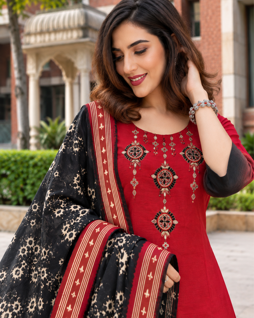 Crimson & Black Ombre Mirror Work Dress Set