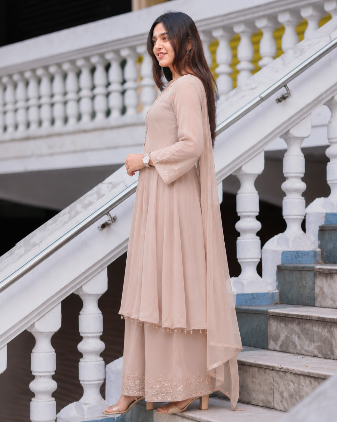 Dusty Nude Chinon Anarkali Palazzo Set