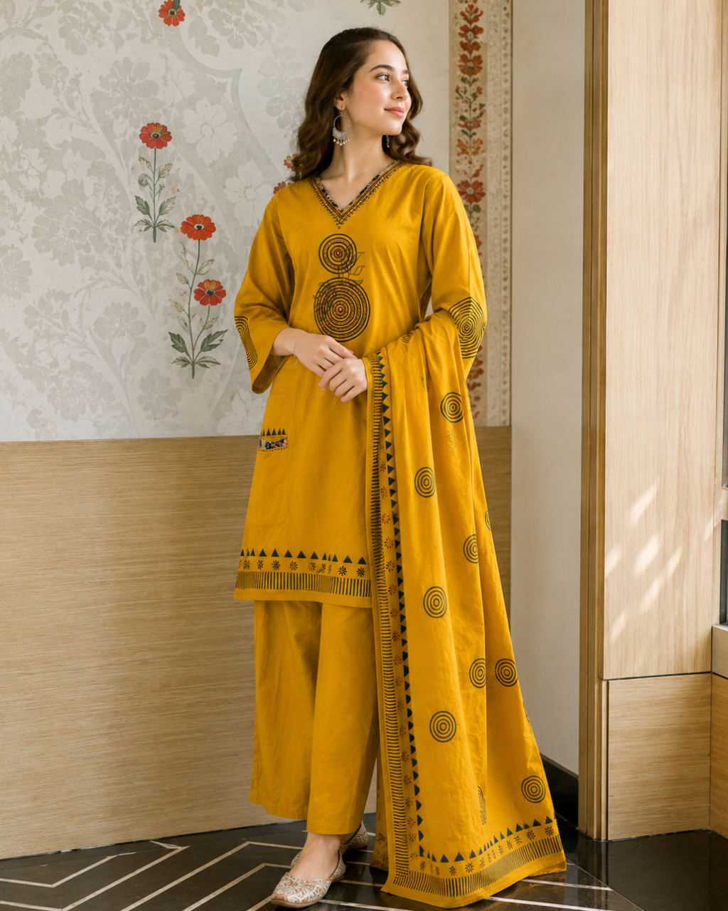 Mustard Ochre Mandala Block Print Palazzo Suit Set