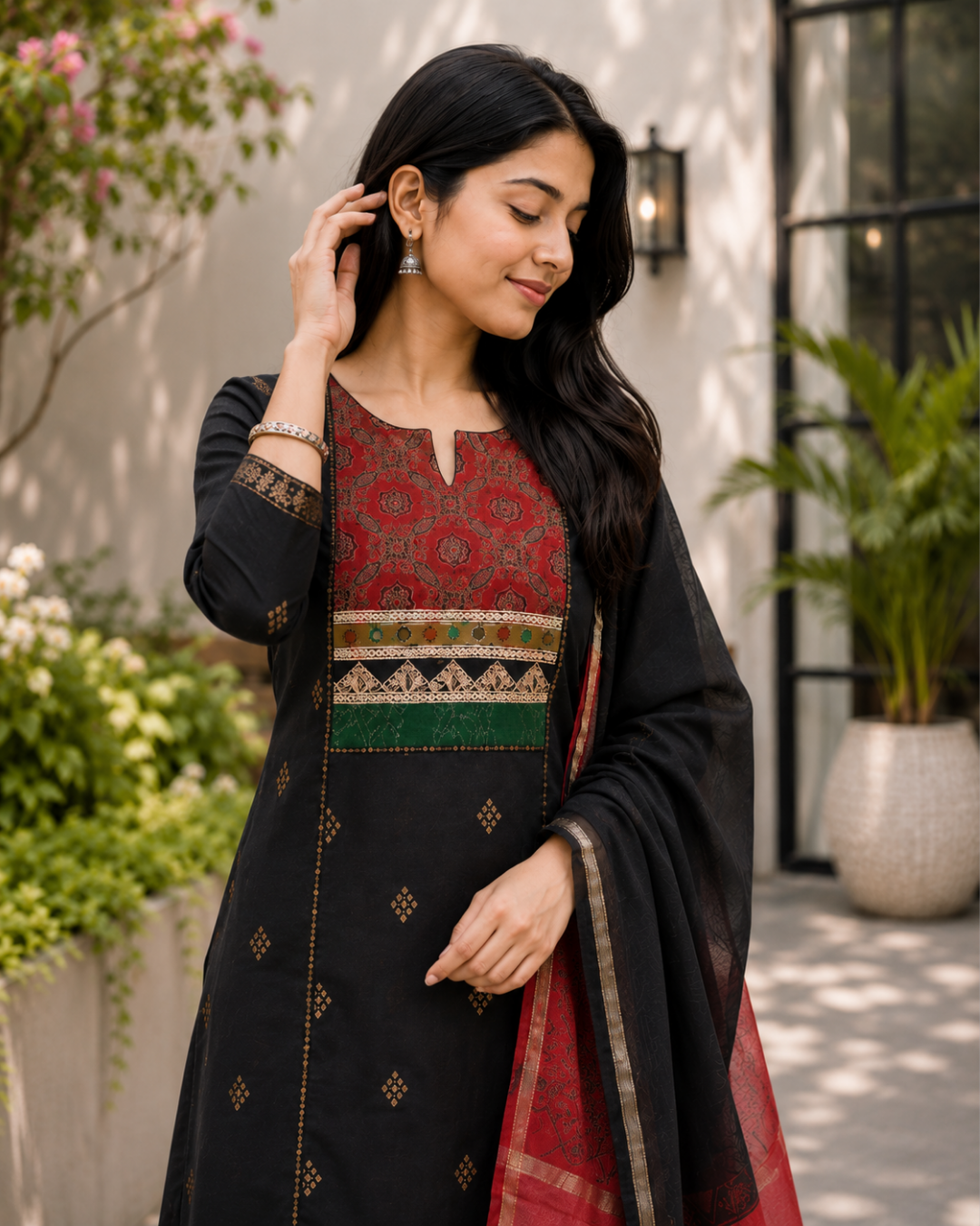Black & Ajrakh South Cotton Kurta Set