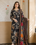 Charcoal Black Abstract Rose Print Cotton Suit Set